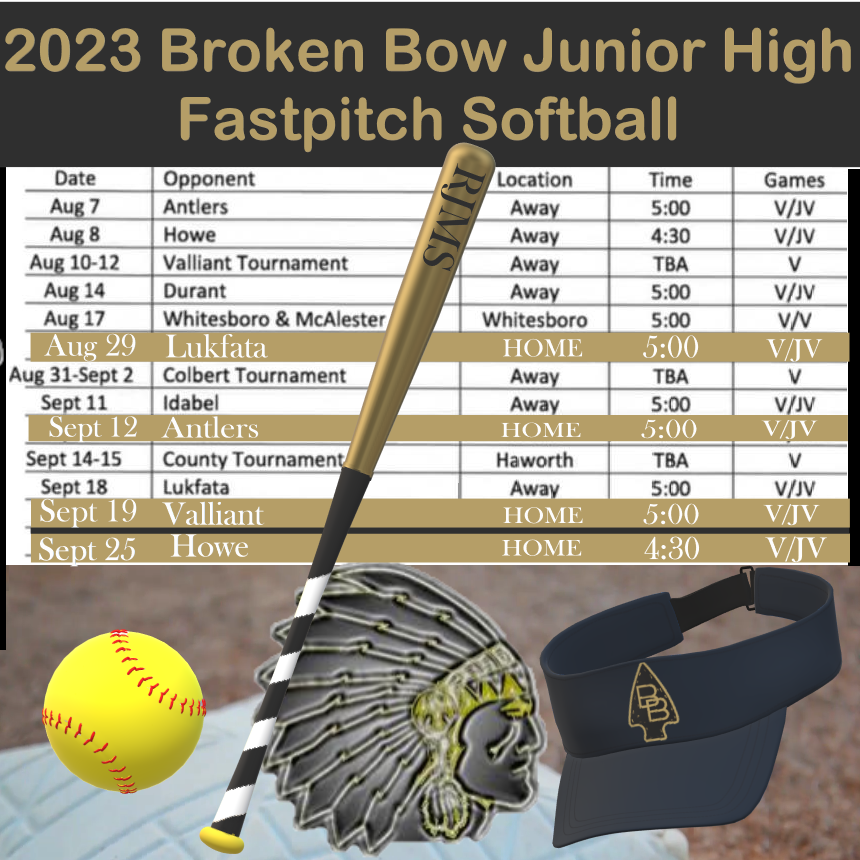 The Junior High Fastpitch Softball season begins Monday, August 7th at Antlers!  The Jr. High Savage team will spend most of August on the road before their home opener August 29th versus Lukfata.  Broken Bow will close out the season in McCurtain County, with the county tournament at Haworth, an away game at Lukfata and 3 home games against Antlers, Valliant and Howe.  Good luck on a great season!